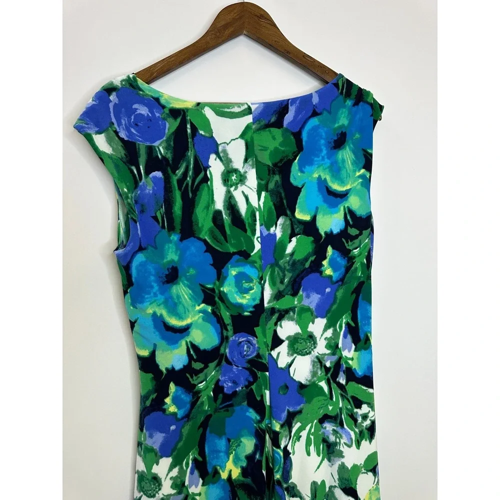 Lauren Ralph Lauren Blue Green Floral Cowl Neck Ruched Sheath Dress Size 12 - Picture 8 of 12